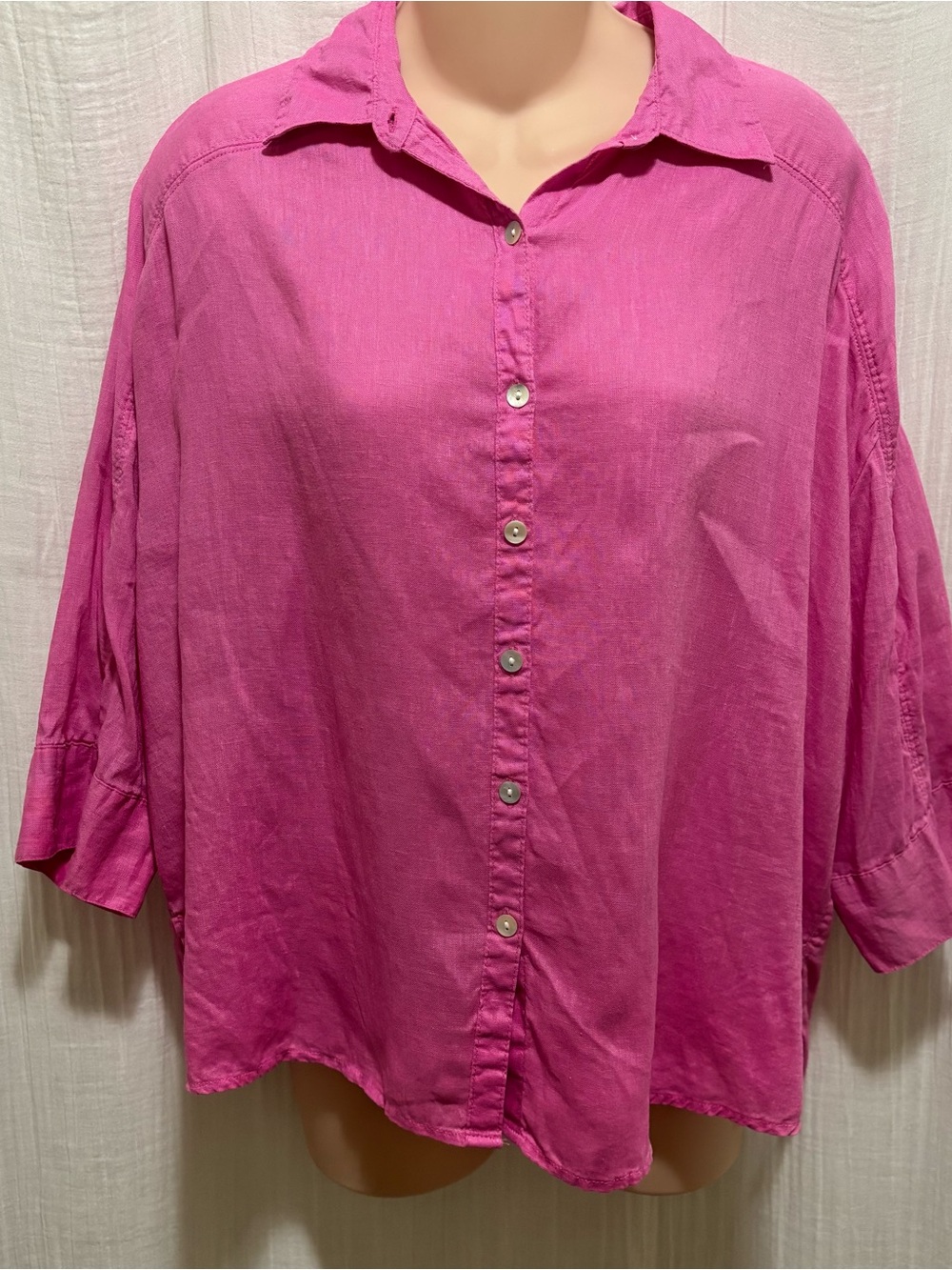 WILT Pink 100% Linen Button-Up Shirt 3/4 Sleeve Collared Solid Womens S